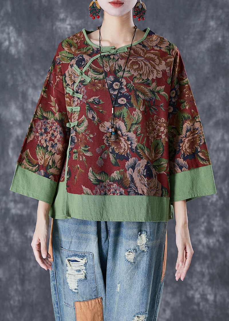 Red Print Patchwork Chinese Button Linen Fake Two Piece Top Summer