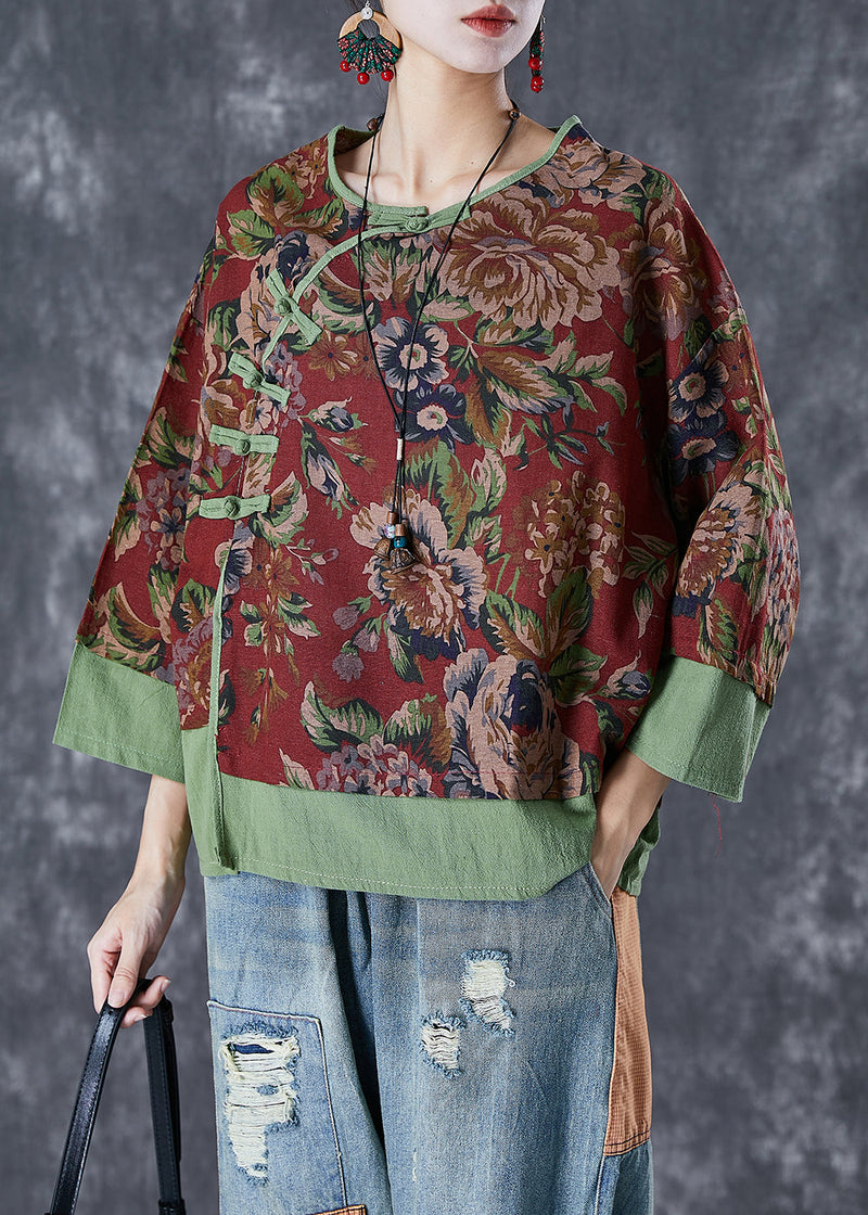 Red Print Patchwork Chinese Button Linen Fake Two Piece Top Summer