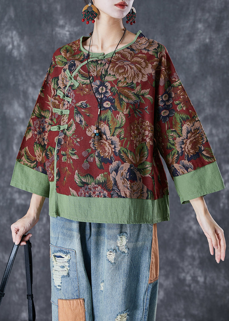 Red Print Patchwork Chinese Button Linen Fake Two Piece Top Summer