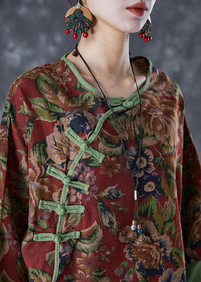 Red Print Patchwork Chinese Button Linen Fake Two Piece Top Summer