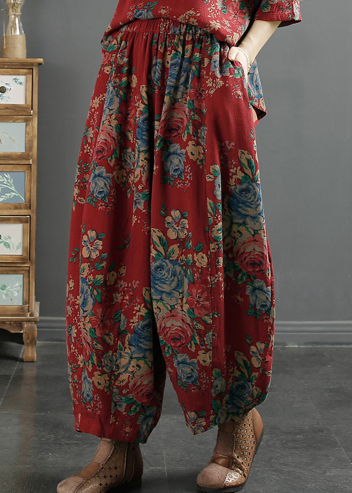 Red Print Pockets Elastic Waist Cotton Lantern Pants Fall