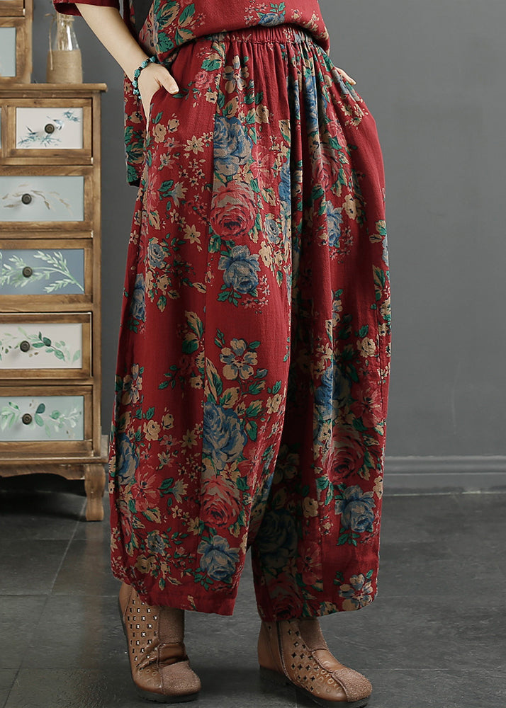 Red Print Pockets Elastic Waist Cotton Lantern Pants Fall