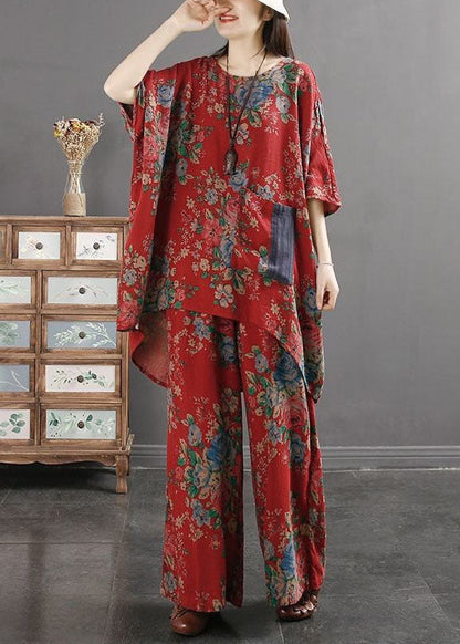 Geometric Print Pockets Patchwork Tops and Pants Cotton Two Pieces Set Summer