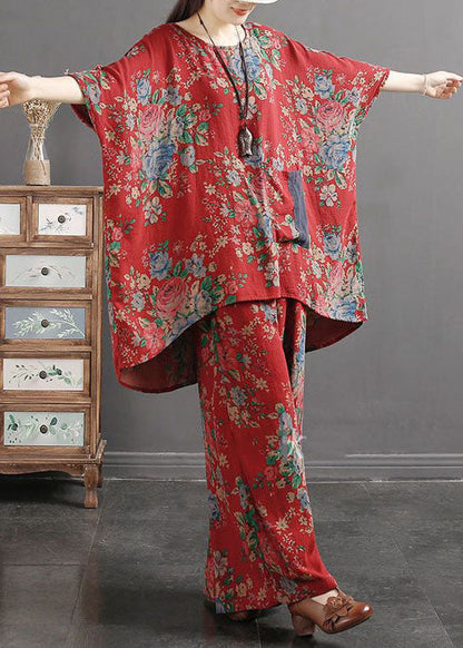 Geometric Print Pockets Patchwork Tops and Pants Cotton Two Pieces Set Summer