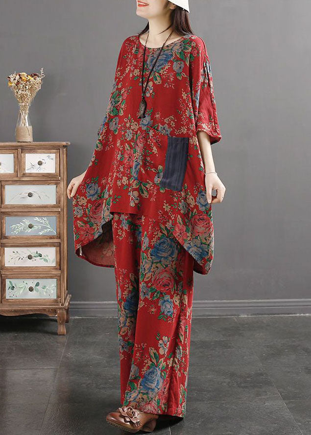 Geometric Print Pockets Patchwork Tops and Pants Cotton Two Pieces Set Summer