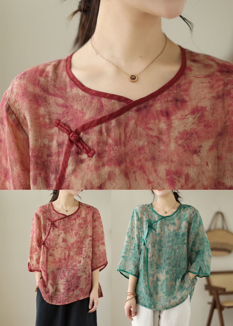 Red Print Tassel Linen Shirt Top Bracelet Sleeve