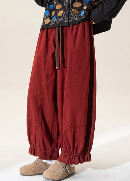 Red Ruffled Patchwork Straight Pants