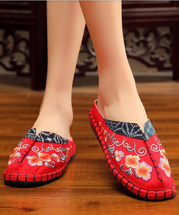 Red Slide Sandals Embroideried Cotton Fabric Splicing Slides