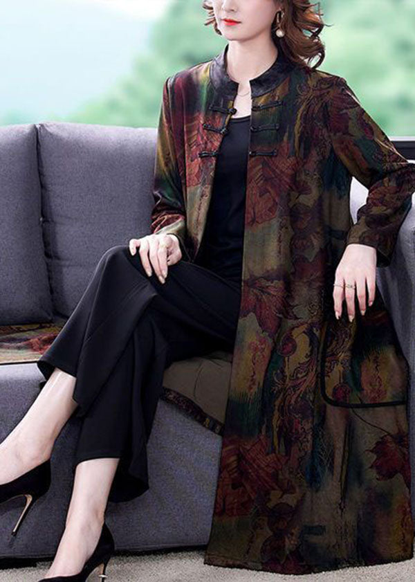 Red Stand Collar Oversized Print Silk Trench Long Sleeve