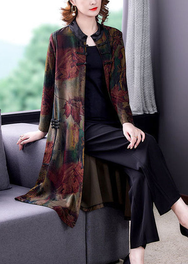 Red Stand Collar Oversized Print Silk Trench Long Sleeve