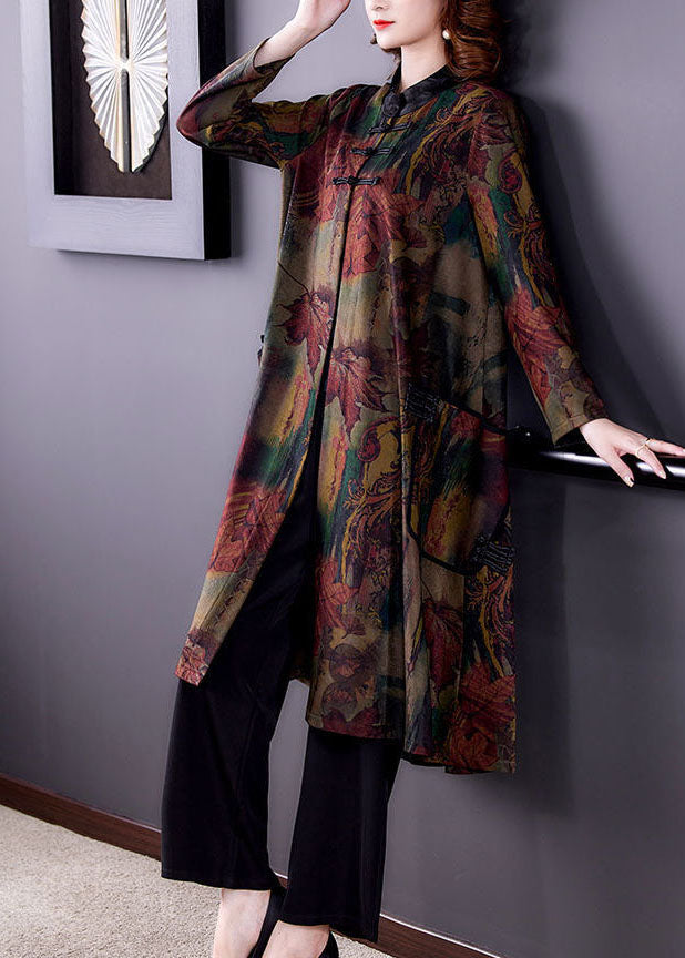 Red Stand Collar Oversized Print Silk Trench Long Sleeve
