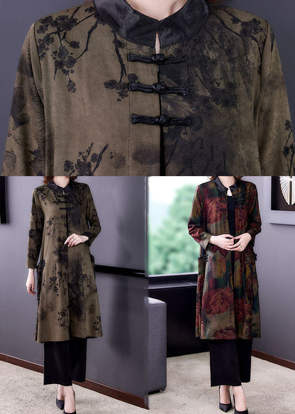 Red Stand Collar Oversized Print Silk Trench Long Sleeve