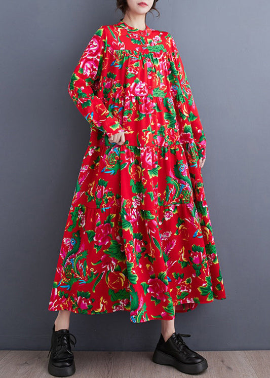 Red Stand Collar Patchwork Wrinkled Maxi Dresses Long Sleeve
