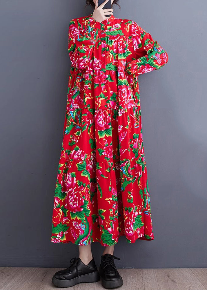 Red Stand Collar Patchwork Wrinkled Maxi Dresses Long Sleeve