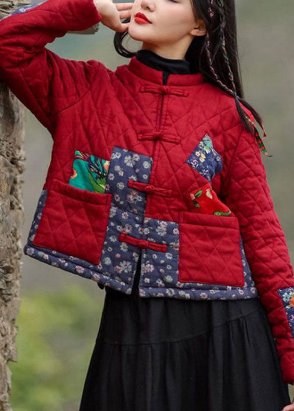 Red Stand Collar Pockets Patchwork Applique Fine Cotton Filled Coats Winter