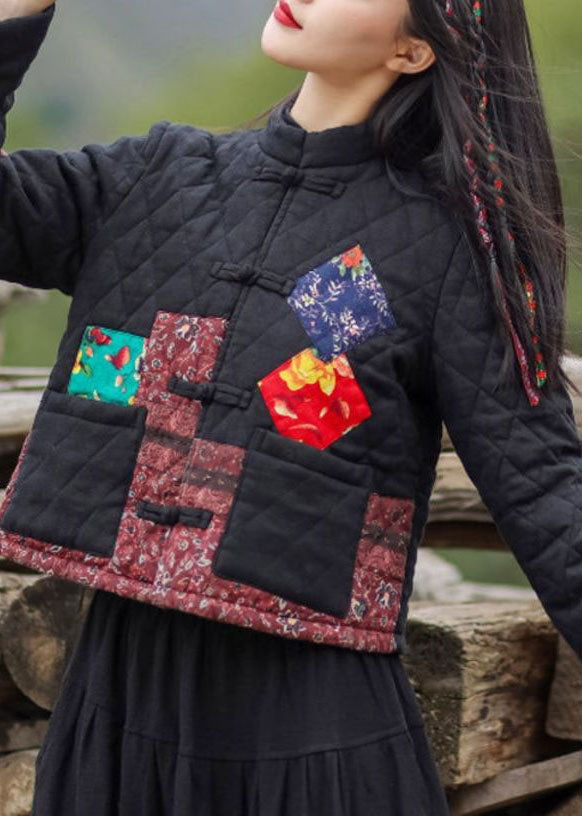 Red Stand Collar Pockets Patchwork Applique Fine Cotton Filled Coats Winter