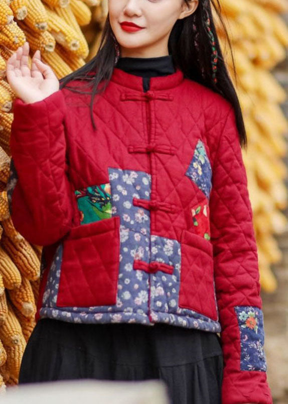Red Stand Collar Pockets Patchwork Applique Fine Cotton Filled Coats Winter