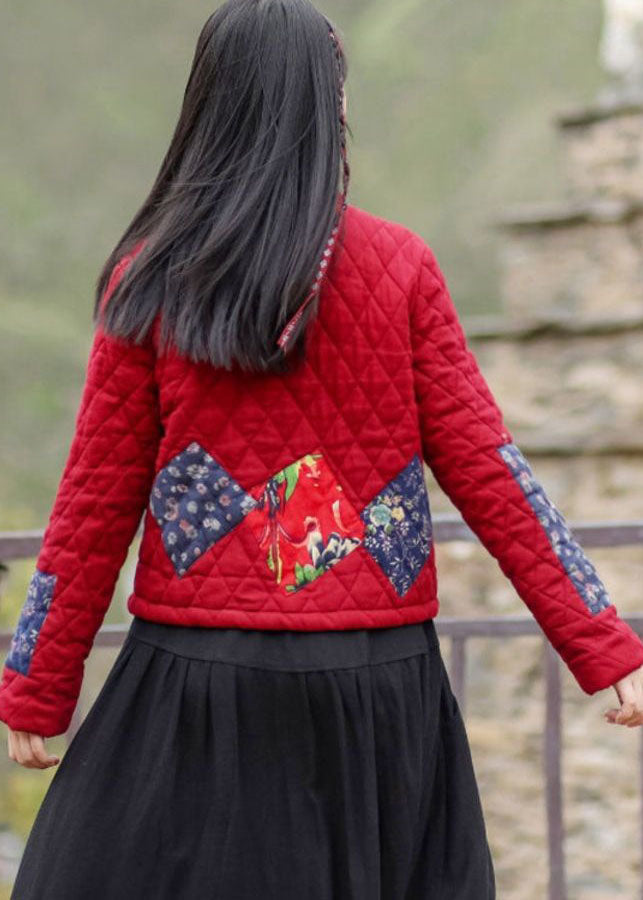Red Stand Collar Pockets Patchwork Applique Fine Cotton Filled Coats Winter