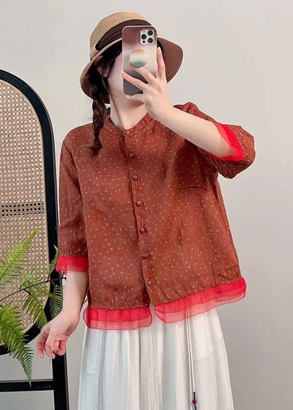 Red Stand Collar Print Button Patchwork Linen Top Summer
