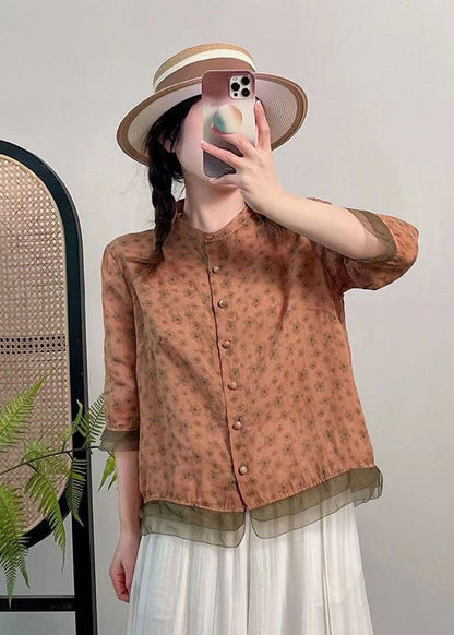 Red Stand Collar Print Button Patchwork Linen Top Summer