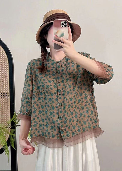 Red Stand Collar Print Button Patchwork Linen Top Summer