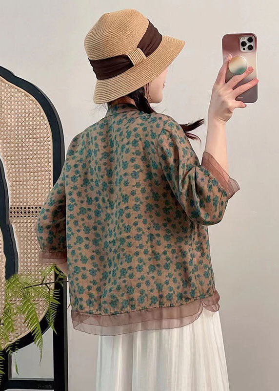 Red Stand Collar Print Button Patchwork Linen Top Summer
