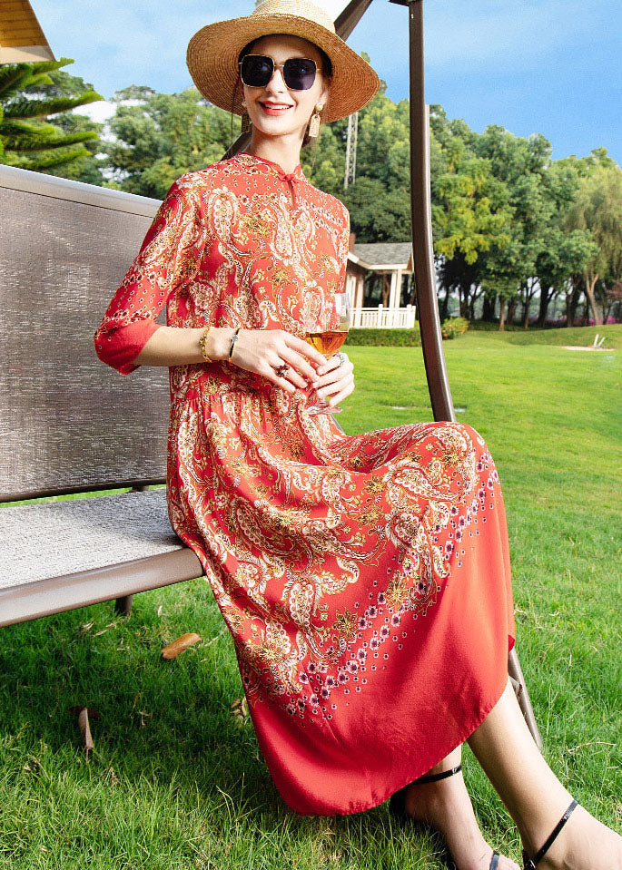 Red Stand Collar Print Button Patchwork Silk Dress Summer