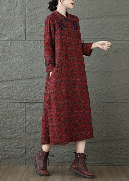 Red Stand Collar Print Oriental Button Cotton Dress Spring