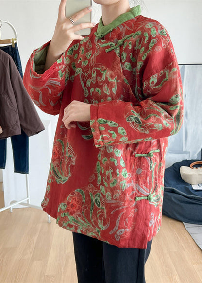 Red Stand Collar Print Oriental Button Fine Cotton Filled Top Winter