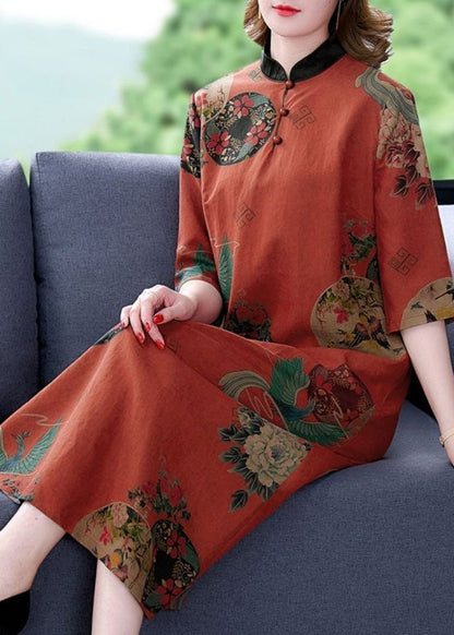 Red Stand Collar Print Silk a Line Dress Half Sleeve