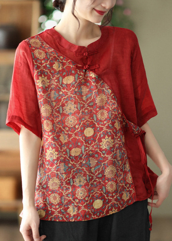 Red Stand Collar Print Tie Waist Linen Shirt Half Sleeve