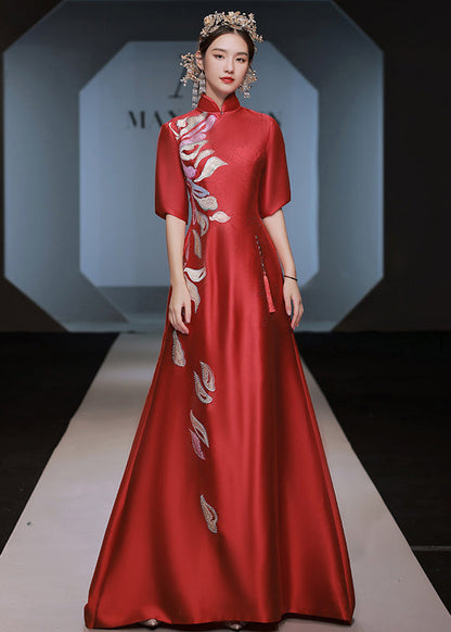 Red Stand Collar Zircon Embroidered Silk Dress Half Sleeve