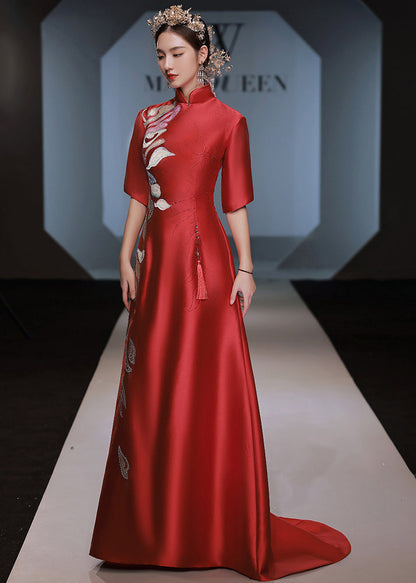 Red Stand Collar Zircon Embroidered Silk Dress Half Sleeve
