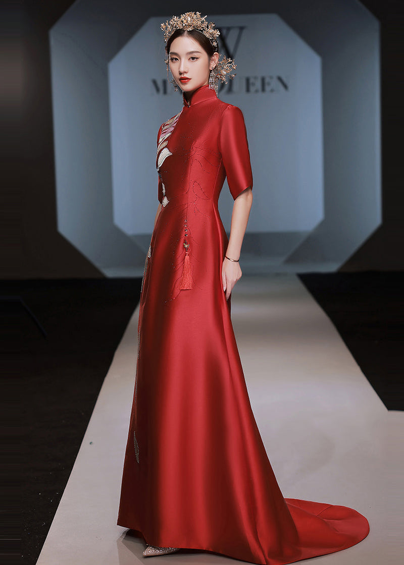 Red Stand Collar Zircon Embroidered Silk Dress Half Sleeve