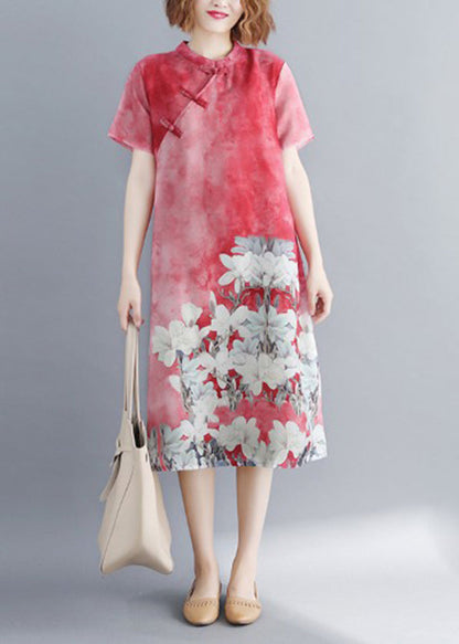 Red Stand Collar Side Open Cheongsam Dress Short Sleeve
