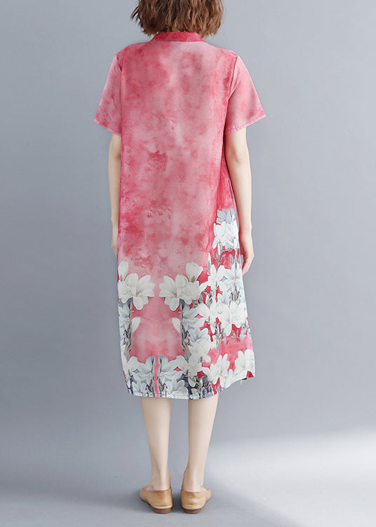 Red Stand Collar Side Open Cheongsam Dress Short Sleeve