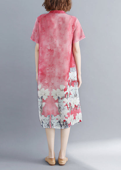 Red Stand Collar Side Open Cheongsam Dress Short Sleeve