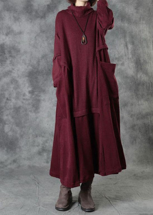 Red Turtleneck Patchwork Winter Knitted Dress