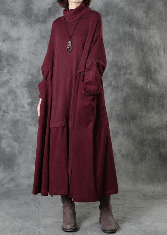 Red Turtleneck Patchwork Winter Knitted Dress