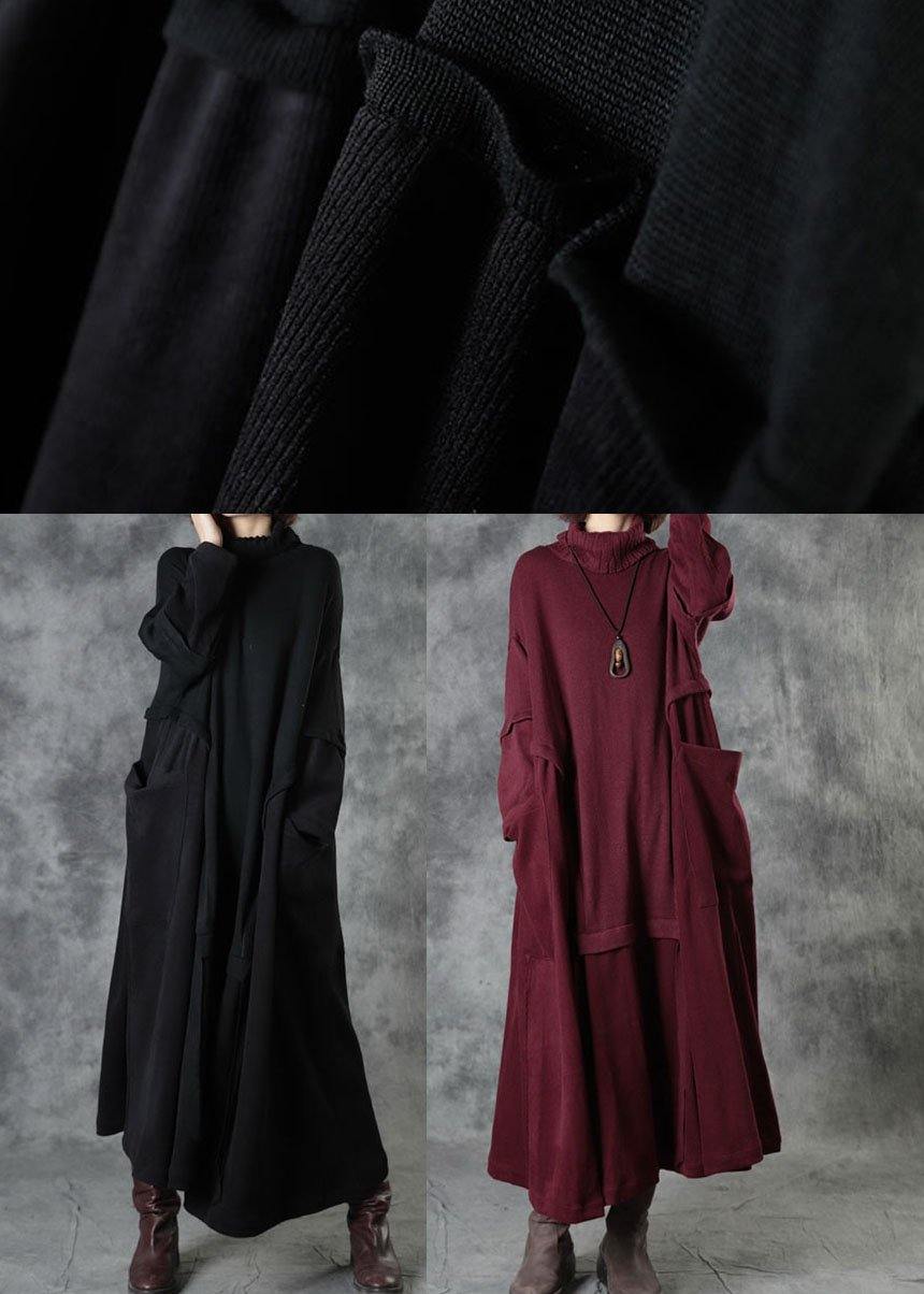Red Turtleneck Patchwork Winter Knitted Dress