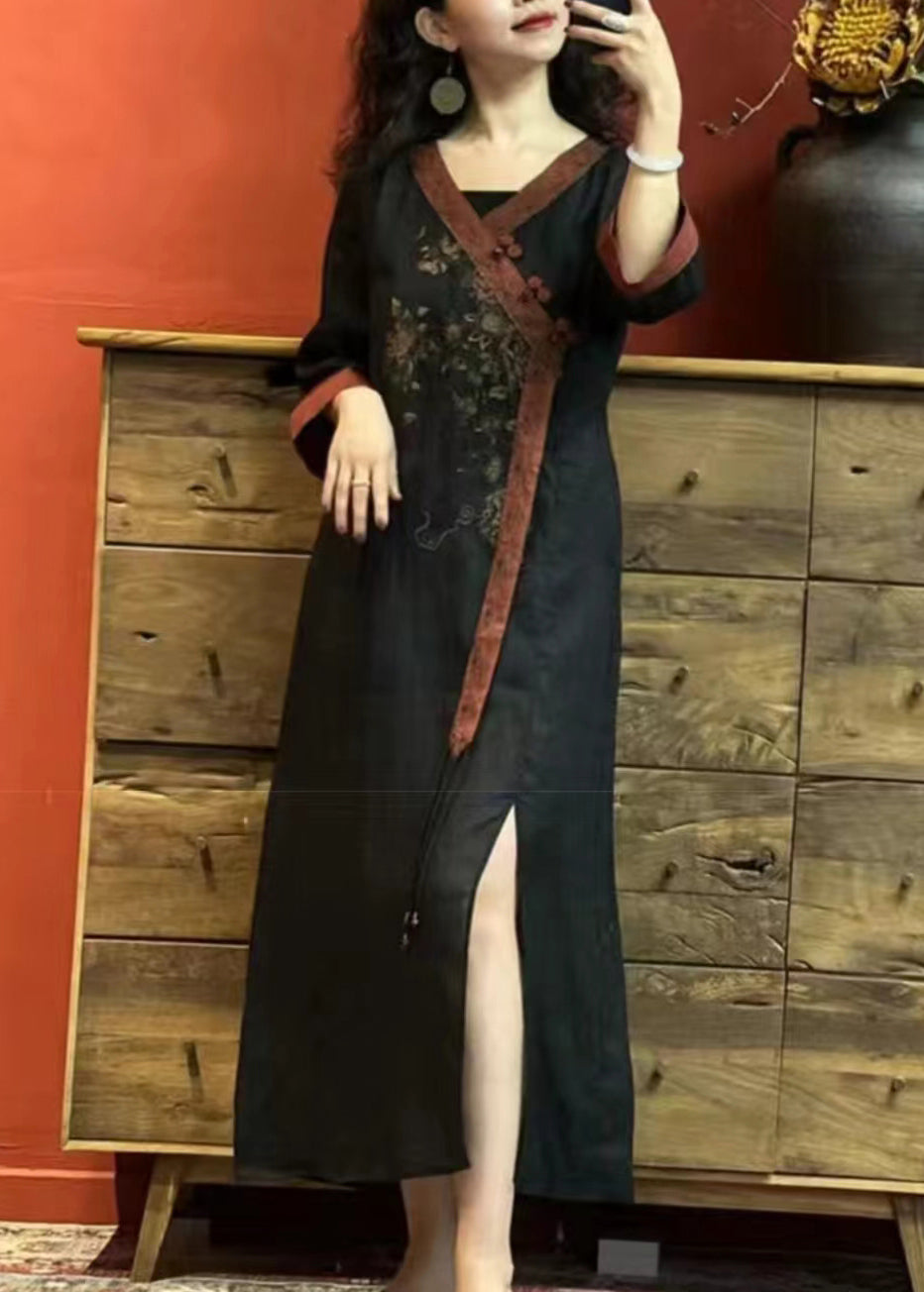 Red V Neck Embroidered Side Open Linen Dress Summer