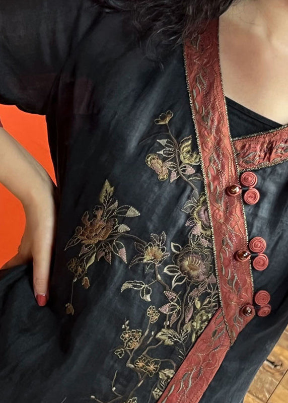 Red V Neck Embroidered Side Open Linen Dress Summer