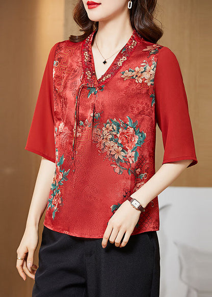 Red V Neck Embroideried Patchwork Silk Blouse Top Half Sleeve