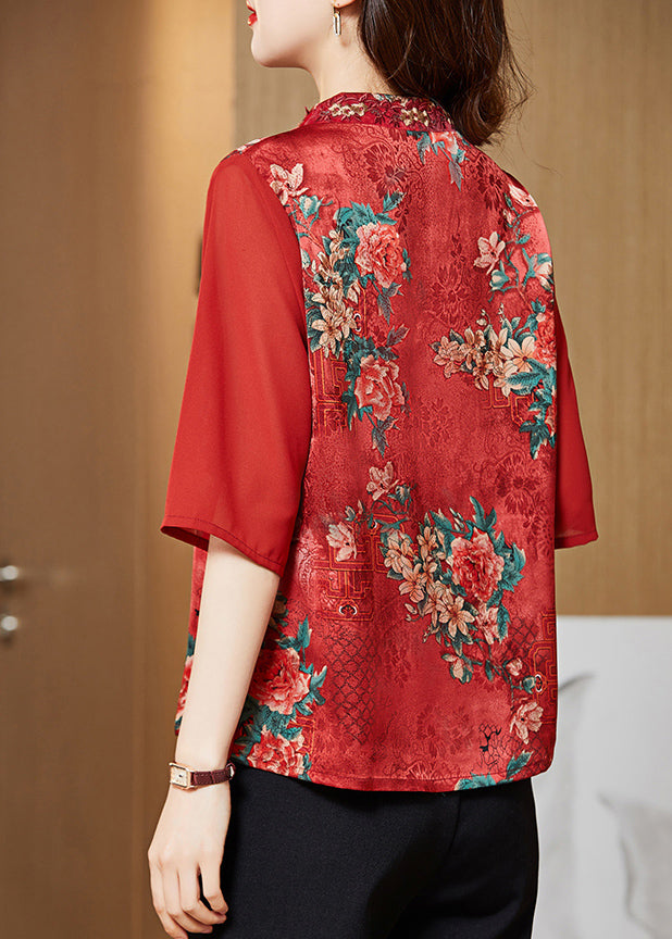 Red V Neck Embroideried Patchwork Silk Blouse Top Half Sleeve