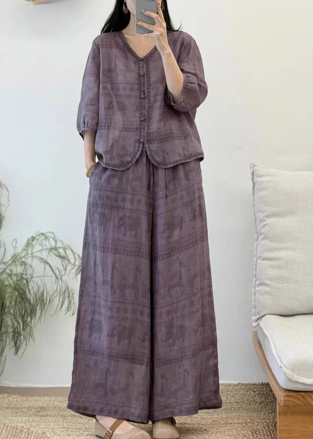 Red V Neck Patchwork Linen Shirt and Wide Leg Pants Two Pieces Set Summer