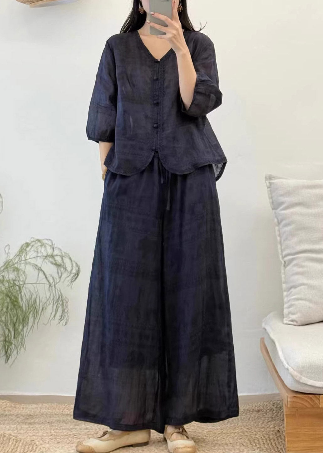Red V Neck Patchwork Linen Shirt and Wide Leg Pants Two Pieces Set Summer