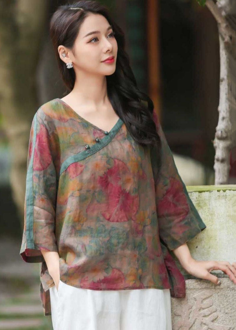 Red V Neck Print Button Patchwork Linen Shirts Top Spring