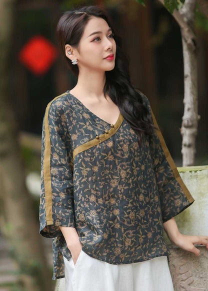 Red V Neck Print Button Patchwork Linen Shirts Top Spring