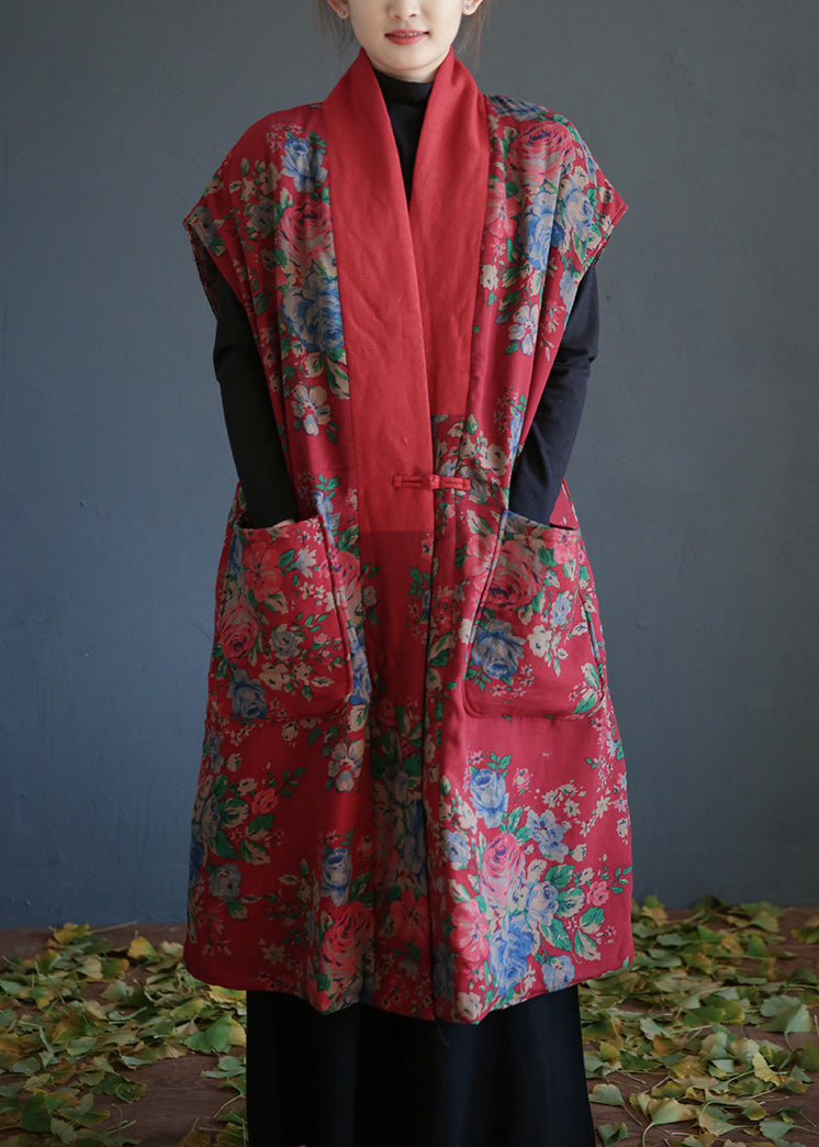 Red V Neck Print Button Warm Fleece Cotton Waistcoat Winter