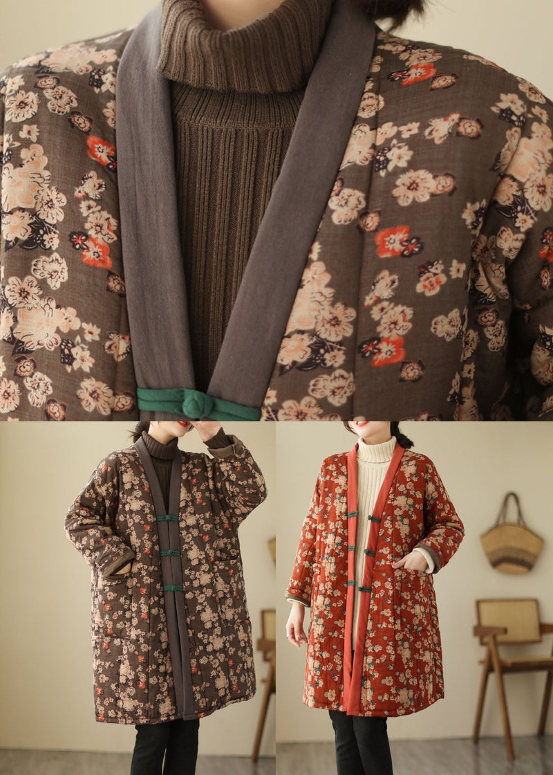 Red V Neck Print Thick Parka Winter